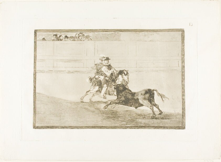 A Spanish mounted knight in the ring breaking short spears without the help of assistants, plate 13 from The Art of Bullfighting by  Francisco Jose de Goya y Lucientes, 23x16"( A2 size) Poster Print