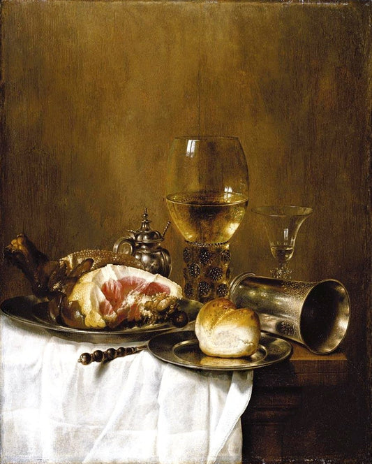 A Still Life of a Roemer Filled with White Wine, etc., vintage artwork by Willem Claesz. Heda, 12x8" (A4) Poster