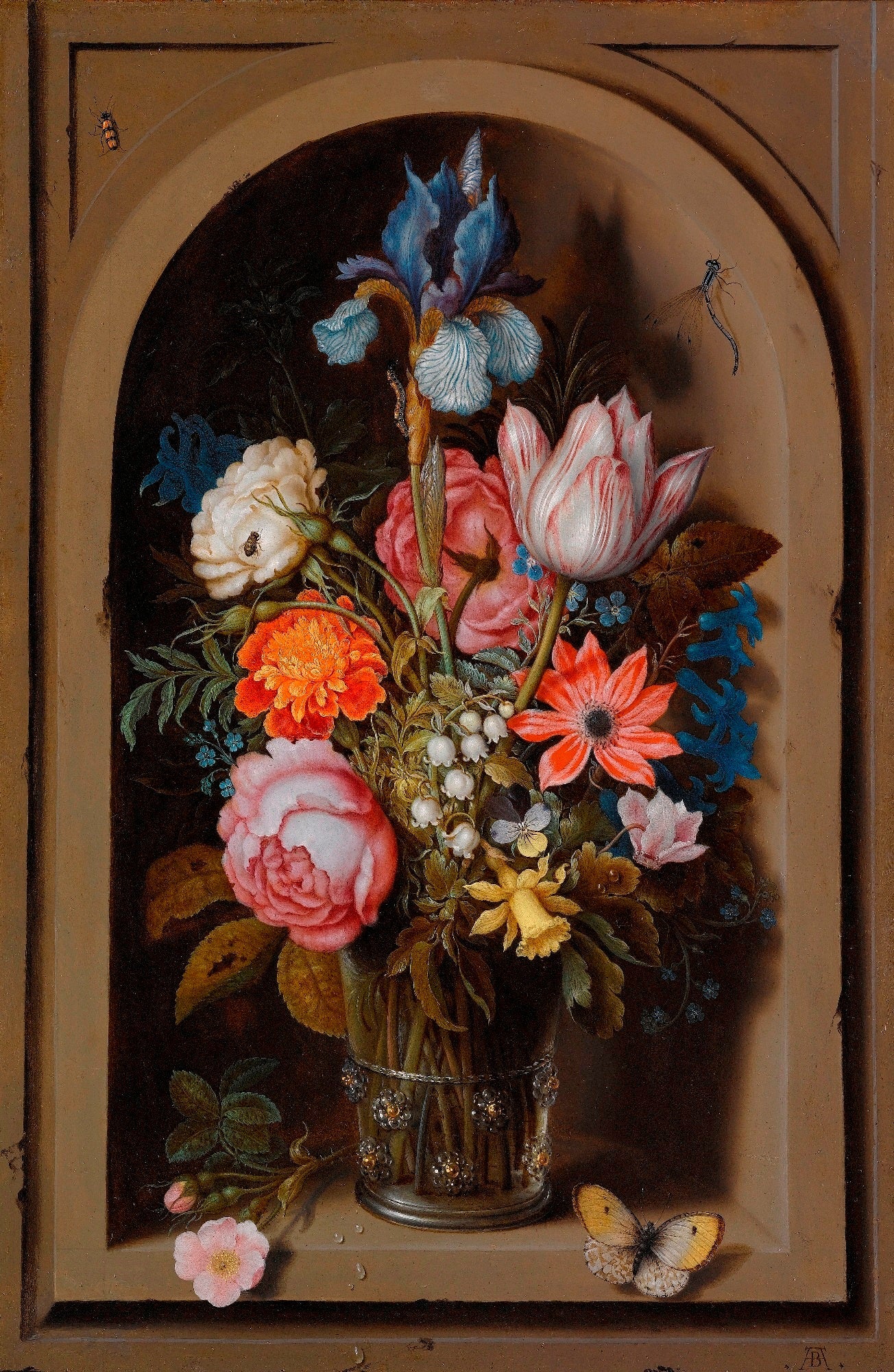 A Still Life of Flowers in a Glass Beaker set in a Marble Niche, vintage artwork by Ambrosius Bosschaert (I), A3 (16x12") Poster Print