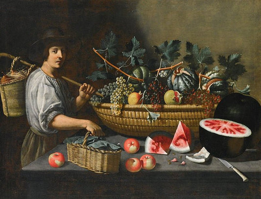 A still life of grapes, melons and pomegranates on a stone ledge with a figure carrying a basket, vintage artwork by Pietro Paolo Bonzi, 12x8" (A4) Poster