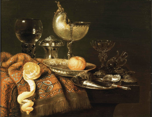 A Still Life with a Nautilus Cup, a Silver Salt Cellar, etc., vintage artwork by Willem Claesz. Heda, 12x8" (A4) Poster