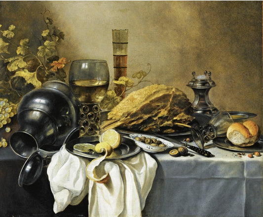 A Still Life with an Overturned Pewter Jug, a Roemer and a Blue Lined Beer Glass, etc., vintage artwork by Willem Claesz. Heda, 12x8" (A4) Poster