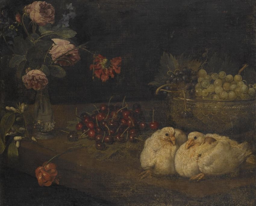 A still life with grapes in a bowl, cherries, roses in a vase and a pair of doves, vintage artwork by Felice Boselli, A3 (16x12") Poster Print