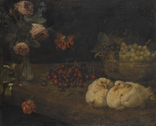 A still life with grapes in a bowl, cherries, roses in a vase and a pair of doves, vintage artwork by Felice Boselli, A3 (16x12") Poster Print