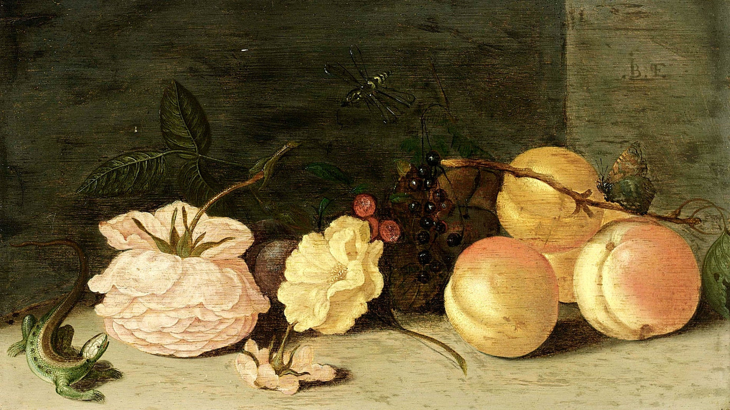 A Still Life with Peaches, Roses, Red and Black Berries, vintage artwork by Jean-Baptiste Fornenburgh, 12x8" (A4) Poster