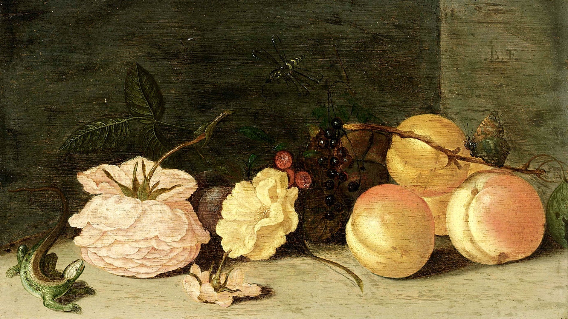 A Still Life with Peaches, Roses, Red and Black Berries, vintage artwork by Jean-Baptiste Fornenburgh, 12x8" (A4) Poster