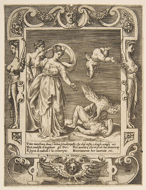 A vulture eating the innards of Titius  Cupid above two women , vintage art, A3 (16x12") Poster Print