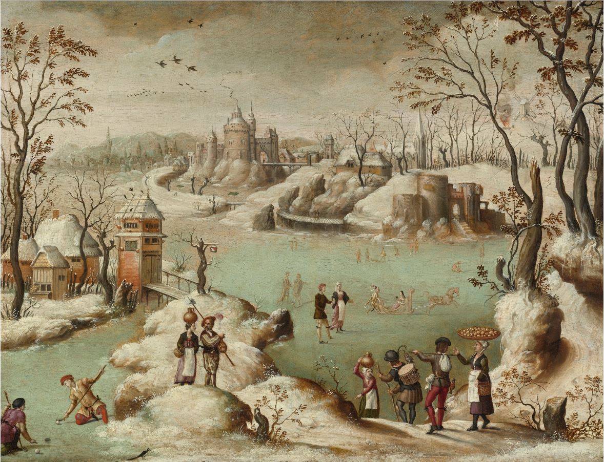 A Winter Townscape with Figures, vintage artwork by Abel Grimmer, 12x8" (A4) Poster