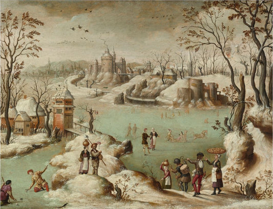 A Winter Townscape with Figures, vintage artwork by Abel Grimmer, 12x8" (A4) Poster