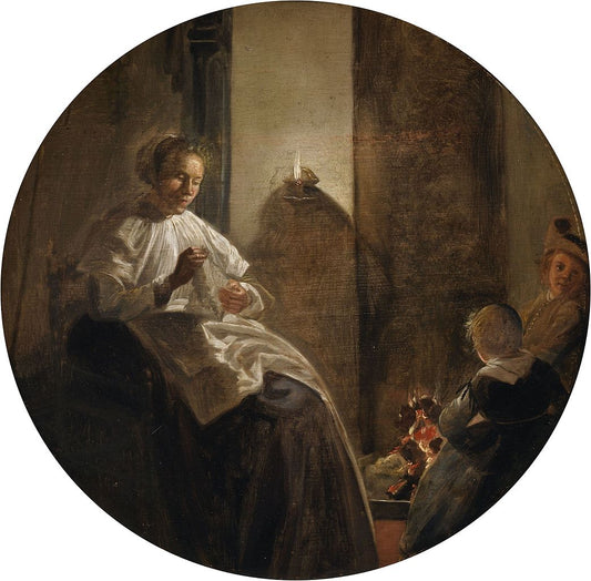 A Woman Sewing by  Candlelight, vintage artwork by Dirck Hals, 12x8" (A4) Poster