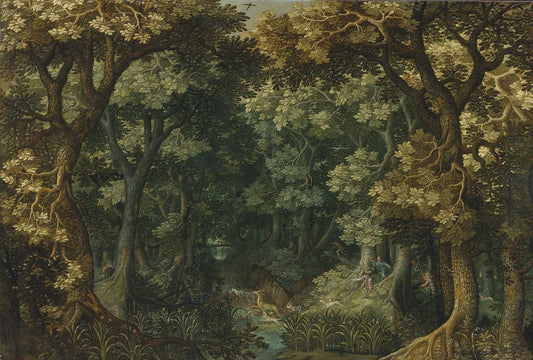 A wooded landscape with a stag hunt, vintage artwork by David Vinckboons, A3 (16x12") Poster Print