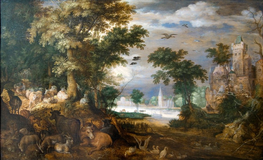 A Wooded Landscape with Cows and Goats, vintage artwork by Roelant Savery, 12x8" (A4) Poster