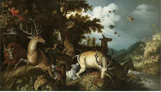 A wooded river landscape with stags chased by  huntsmen and their dogs, vintage artwork by Roelant Savery, A3 (16x12") Poster Print