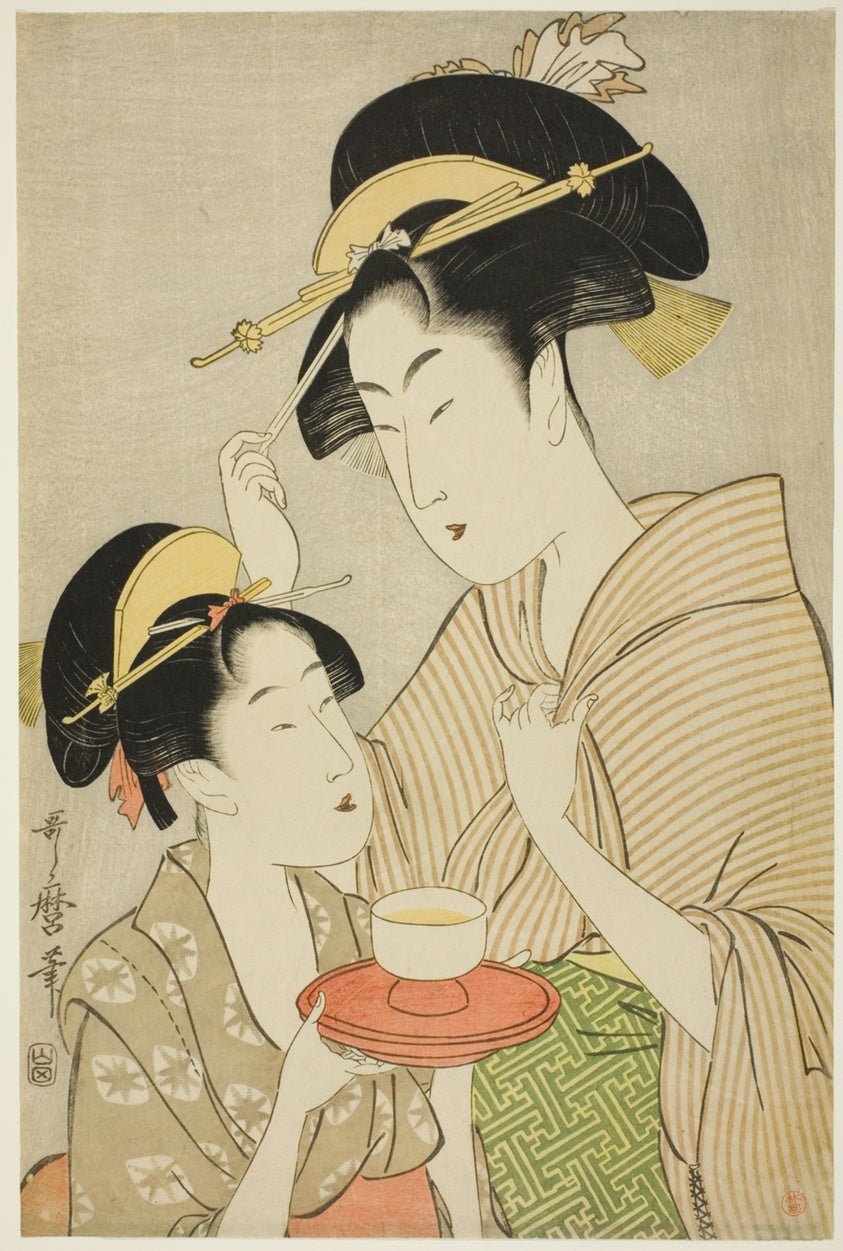 A Young Girl Offering Tea to Another Woman by  Kitagawa Utamaro ??? ??, 23x16"( A2 size) Poster Print