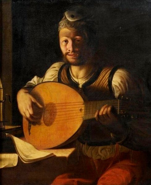 A Young man playing a lute by  candlelight, vintage artwork by Angelo Caroselli, 12x8" (A4) Poster