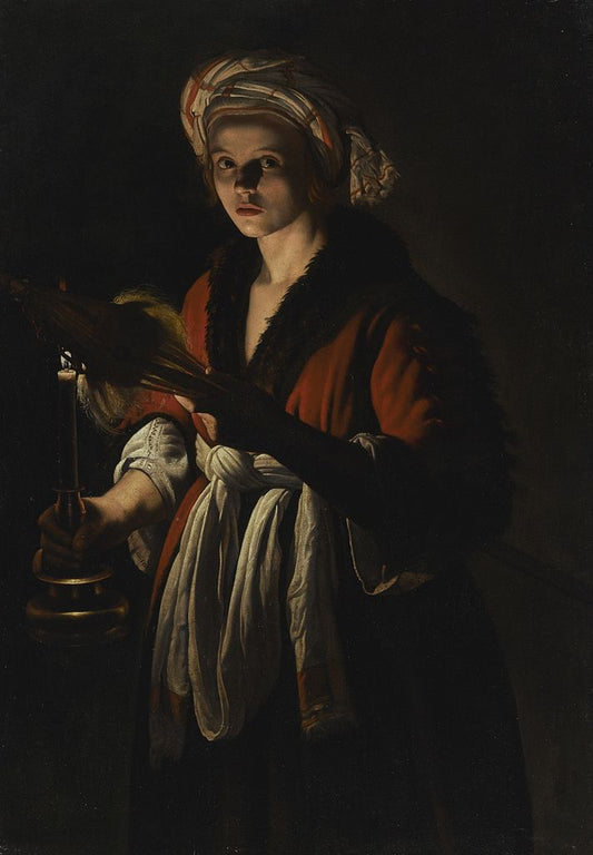 A Young Woman Holding a Distaff before a Lit Candle, vintage artwork by Adam de Coster, 12x8" (A4) Poster
