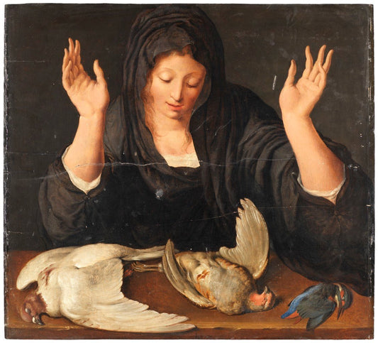A young woman mourning a dead dove, a partridge, and a kingfisher, vintage artwork by Jacob de Gheyn II, A3 (16x12") Poster Print
