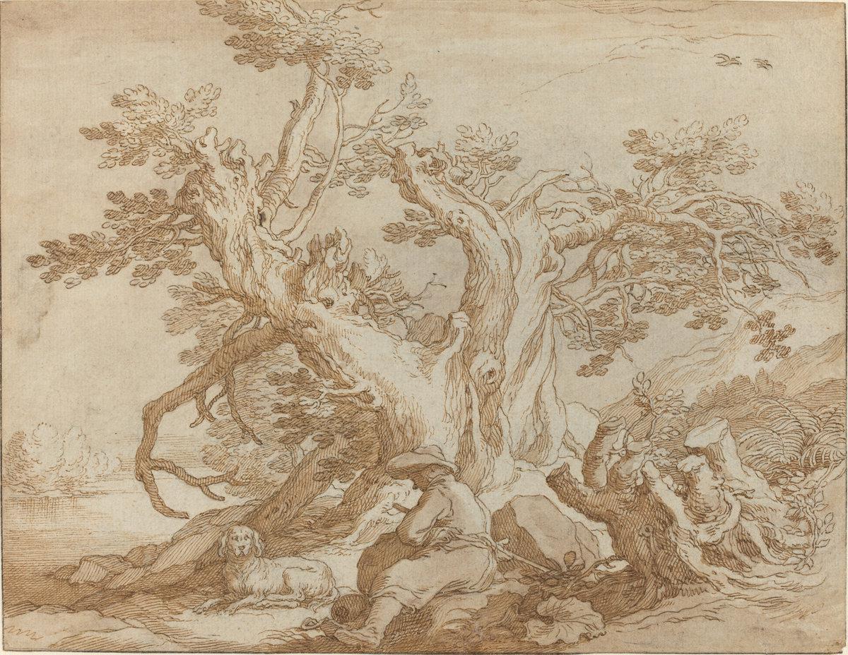 Abraham Bloemaert:Landscape with Seated Figure and Dog,16x12"(A3) Poster