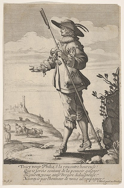 Abraham Bosse:A shepherd holding a crook in his left hand and walking with a hill a town and goats in the distance at left c1640, vintage artwork, 16x12"(A3) Poster Print
