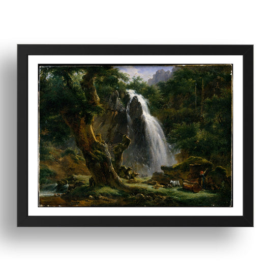 Achille Etna Michallon: Waterfall at Mont Dore (1818), vintage artwork, A3 Size Reproduction Poster Print in 17x13" Black Frame