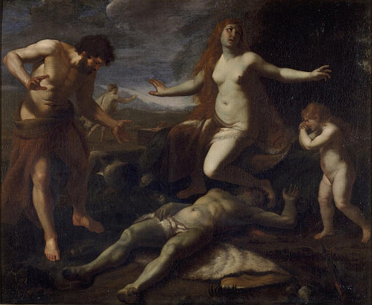Adam and Eve Weeping over the Death of Abel, vintage artwork by Alessandro Turchi, 12x8" (A4) Poster