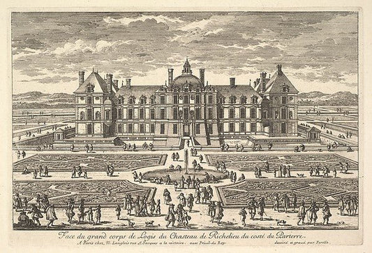 Adam Perelle:Face du grand corps de Logis du Château de Richelieu du côté du Parterre 17th century, vintage artwork, 16x12"(A3) Poster Print