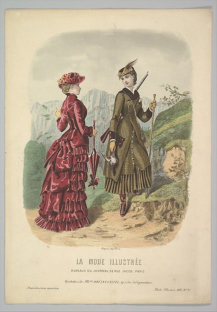 Adèle-Anaïs Toudouze:A Lady in a Hunting Costume with a Lady in Walking Costume on a Mountain Path from La Mode Illustrée 1881, vintage artwork, 16x12"(A3) Poster Print