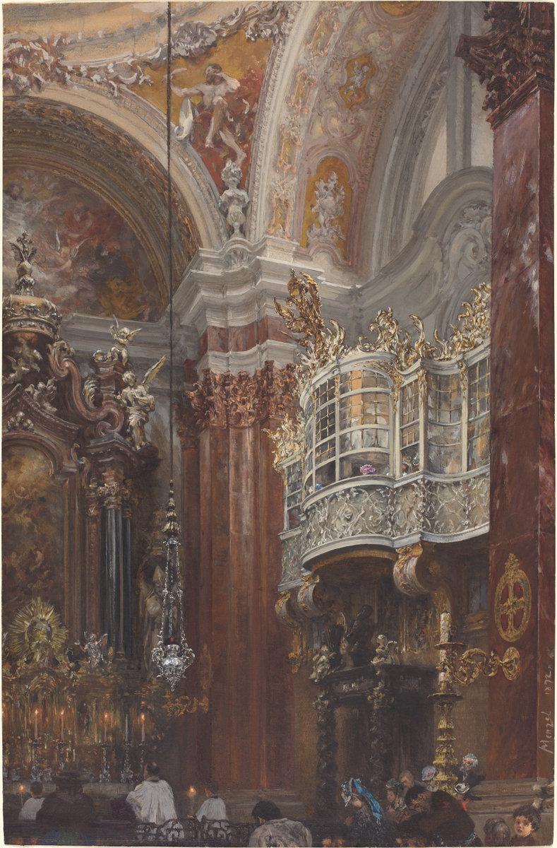 Adolph Menzel:The Interior of the Jacobskirche at Innsbruck,16x12"(A3) Poster