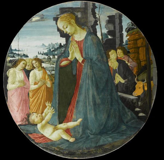 Adoration of th Infant with Three Angels, Saint Joseph and Two Shepherds, vintage artwork by Jacopo del Sellaio, A3 (16x12") Poster Print