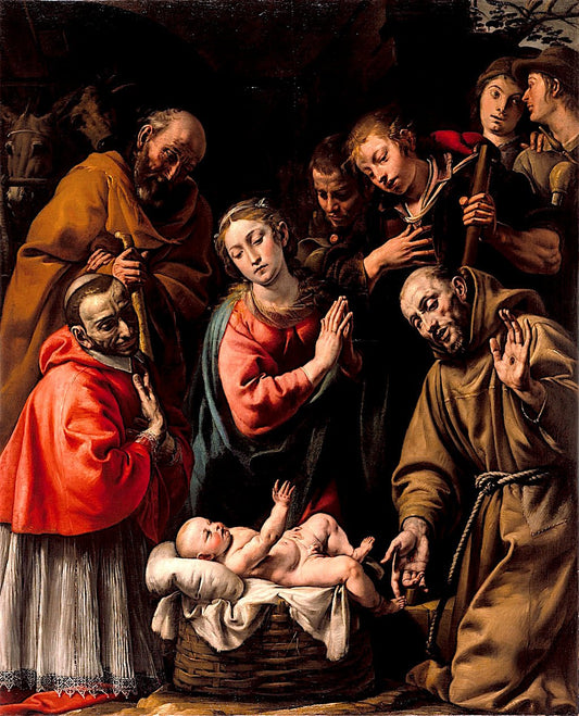 Adoration of the Shepherds with Saints Francis and Carlo Borromeo, vintage artwork by Tanzio da Varallo, 12x8" (A4) Poster