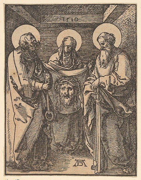 After Albrecht Dürer , Johannes Mommaert:Saint Veronica between Saints Peter and Paul from The Little Passion n.d., vintage artwork, 16x12"(A3) Poster Print