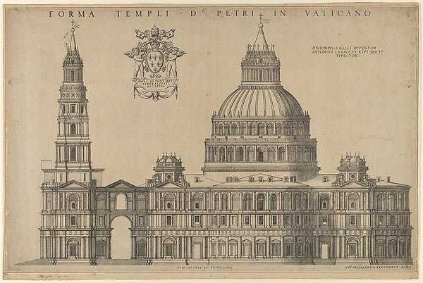 After Antonio da Labacco:Antonio da Sangallo's project for St Peters plan of the façade extended to the left with a tower 1540–49, vintage artwork, 16x12"(A3) Poster Print