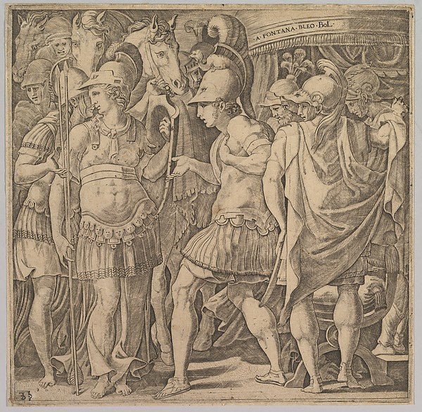 Alexander welcoming Thalestris and the Amazons mid-16th cent-M, vintage art, A3 (16x12") Poster Print