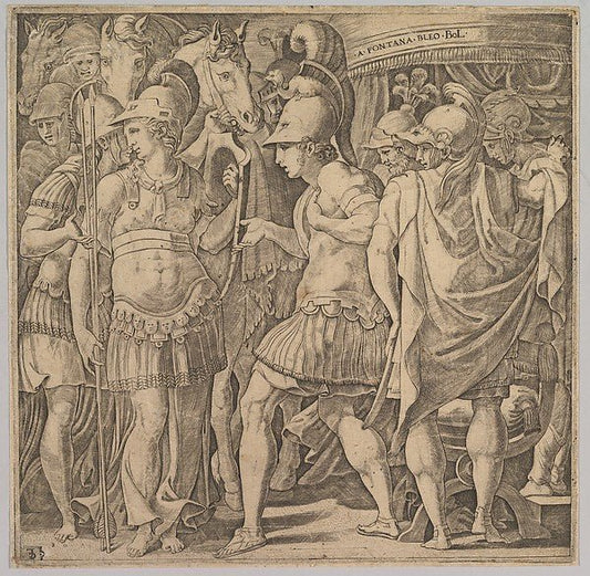 Alexander welcoming Thalestris and the Amazons mid-16th cent-M, vintage art, A3 (16x12") Poster Print