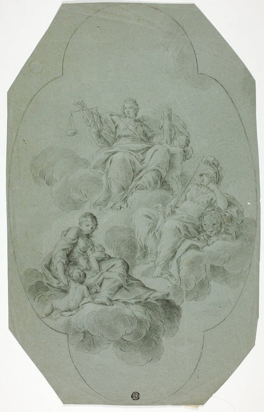 Allegorical Ceiling Decoration with Justice, Charity, and Fortitude by  Follower of Stefano Pozzi, 23x16"( A2 size) Poster Print