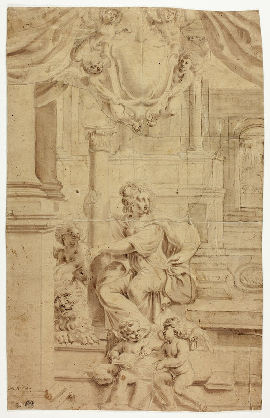 Allegorical Figure of Fortitude, with Coat of Arms Above by  Attributed to Giovanni Battista Coriolano, 23x16"( A2 size) Poster Print