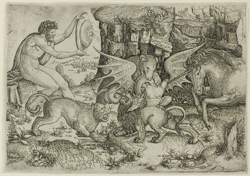 Allegory by  Combat of Animals in the Presence of Man with Shield by  Master of the Beheading of St. John the Baptist (Italian, active c. 1500-1525), 23x16"( A2 size) Poster Print