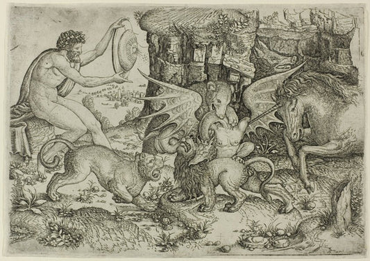 Allegory by  Combat of Animals in the Presence of Man with Shield by  Master of the Beheading of St. John the Baptist (Italian, active c. 1500-1525), 23x16"( A2 size) Poster Print