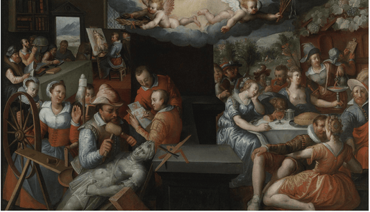 Allegory of the Glorification of Art and Commitment and Punishment of Gastronomy and Other Delights, vintage artwork by Jeremias van Winghe, 12x8" (A4) Poster
