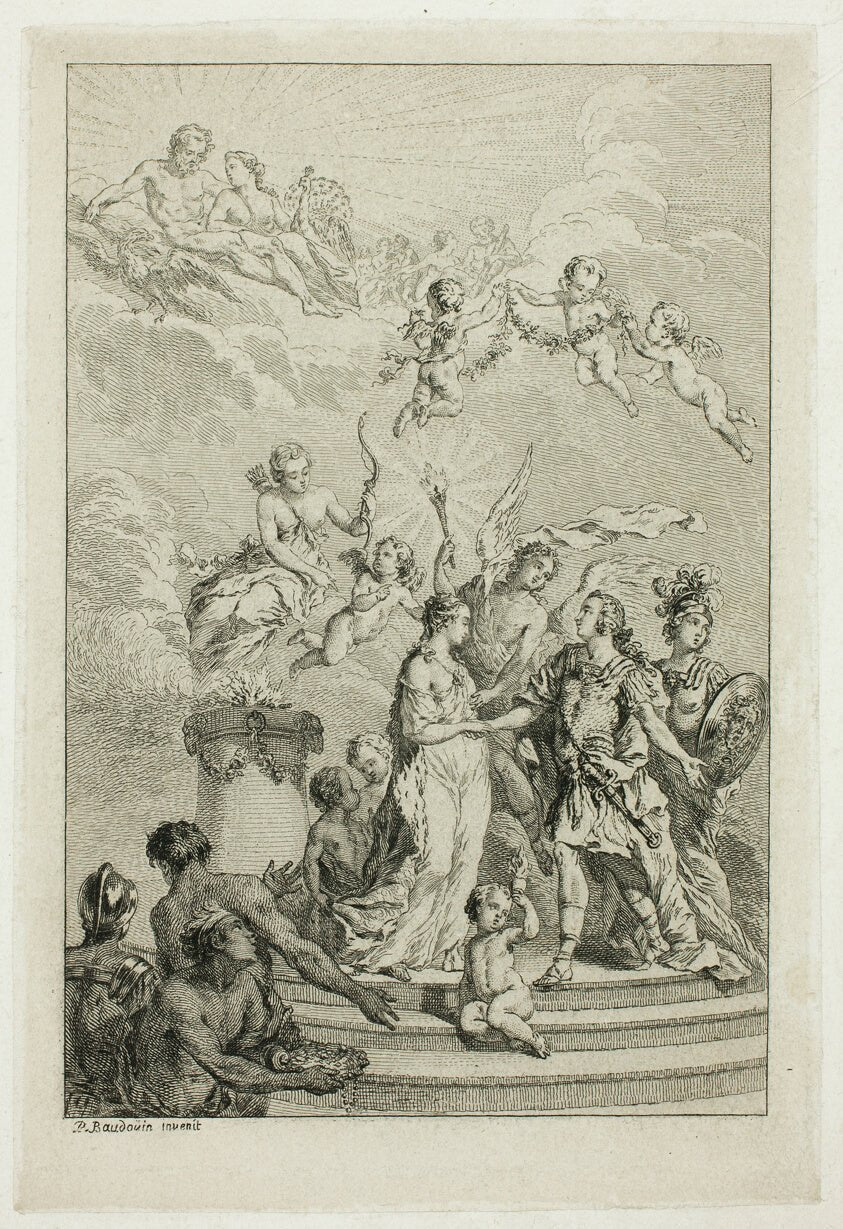 Allegory of the Marriage of the Dauphin Louis to the Infanta Maria Theresa of Spain by  Pierre-Antoine Baudouin, 23x16"( A2 size) Poster Print