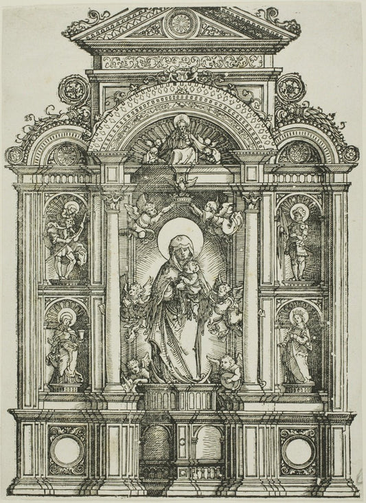 Altarpiece with the Beautiful Virgin of Regensburg and Saints Christopher, Mary Magdalen, Florian and Catherine Standing in Niches, with God the Father Above by  Albrecht Altdorfer, 23x16"( A2 size) Poster Print