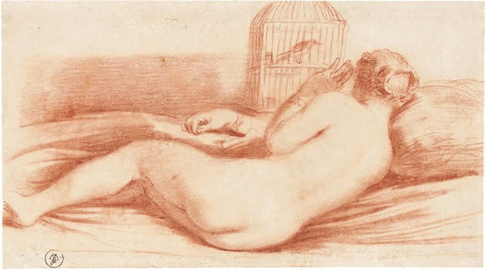 An Allegory of Matrimony: A Female Nude Lying on a Bed, Talking to a Bird in a Cage, vintage artwork by Guercino, 12x8" (A4) Poster