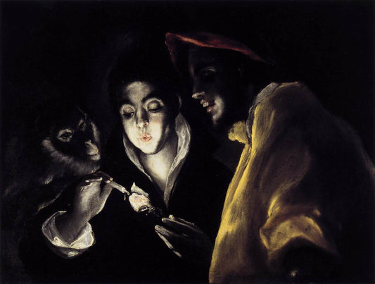 An Allegory with a Boy Lighting a Candle in the Company of an Ape and a Fool (FÃ¡bula), vintage artwork by El Greco, 12x8" (A4) Poster