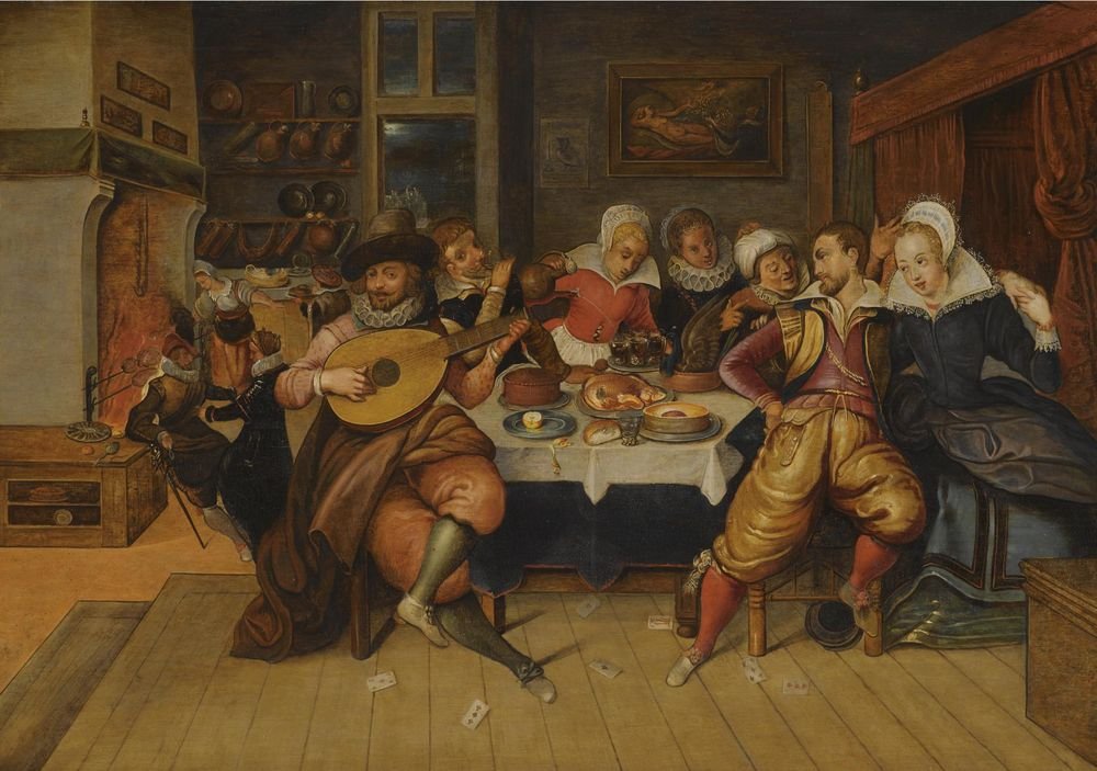 An Elegant Company Making Merry in an Interior, vintage artwork by Louis de Caullery, A3 (16x12") Poster Print