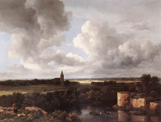 An Extensive Landscape with a Ruined Castle and a Village Church by Jacob van Ruisdael, vintage art, modern poster print