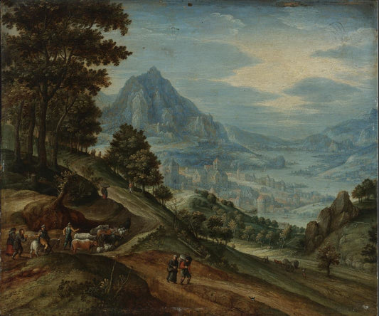 An extensive landscape with a wood, distant mountains and a town on a river valley, vintage artwork by Marten Ryckaert, 12x8" (A4) Poster