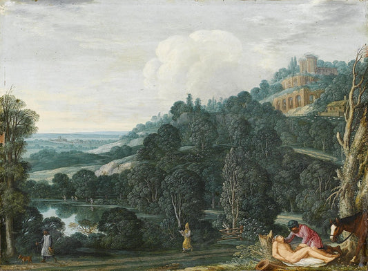 An Extensive Landscape with The Good Samaritan, vintage artwork by Johann König, 12x8" (A4) Poster