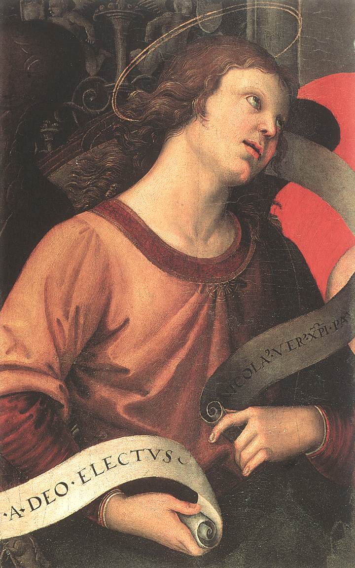 Angel Holding a Phylactery (fragment of the Baronci Altarpiece), vintage artwork by Raphael, A3 (16x12") Poster Print