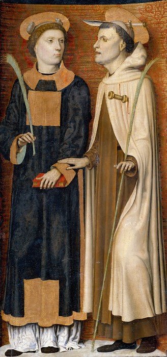 Annunciation Triptych; detail of right panel with Saint Stephen and a martyred Carmelite, vintage artwork by Carlo Braccesco, A3 (16x12") Poster Print