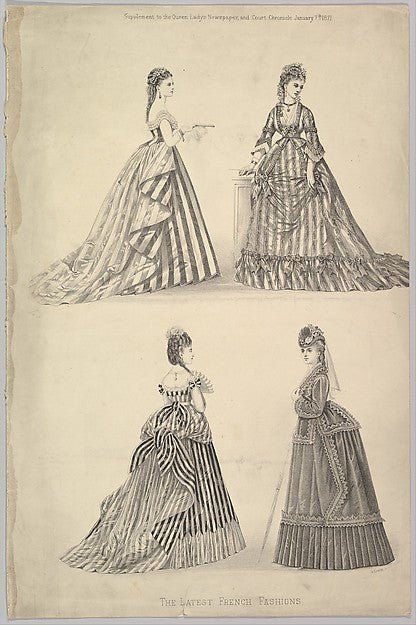 Anonymous, British, 19th century:The Latest French Fashions from The Queen The Lady's Newspaper and Court Chronicle January 7, 1871, vintage artwork, 16x12"(A3) Poster Print